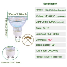 CIKAMIO GU10 Led Bulbs 120V Non-dimmable 4W LED Spot Lights Daylight White 6000k 300lm 35W Halogen Equivalent Replacement for Recessed Track Lighting (6000K Cool White, Pack of 6)