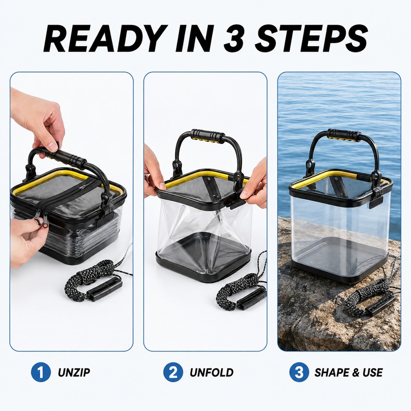 Transparent Foldable EVA Fishing Bucket, 20/22/24cm with 5m Rope Options