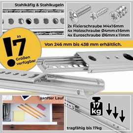 Neuhall Drawer Runners 27 mm Length 406 mm (2 Pieces) Steel Rails for Drawers Partial Extension Drawer Rail System Extension Runners Including Screw Set