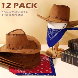 Zhanmai 12 Pieces Cowboy Hats and Bandanas Bulk Western Cowboy Cowgirl Hats Costume Party Favors(Camel)