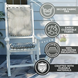 Klear Vu Porch Rocking Chair Cushion Set, Assembled in The USA, Stylish Seat and Back Pads with Fabric Ties, 20" x 17" x 2", Gingham Black