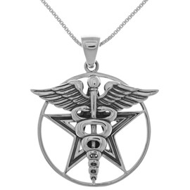 Jewelry Trends Caduceus Star Pentagram Pentacle Sterling Silver Pendant Necklace 18"