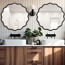 Gasshia Black Round Mirror Wavy Scalloped Wall Mirror - 22 Inch Large Modern Decorative Mirror Black Framed Metal Circle Wall Mirror for Bathroom,Living Room, Vanity, Nursery Decor