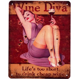 Tin Sign Wine Diva Woman Drinking Wine 20 x 25 cm Decorative Sign with Print
