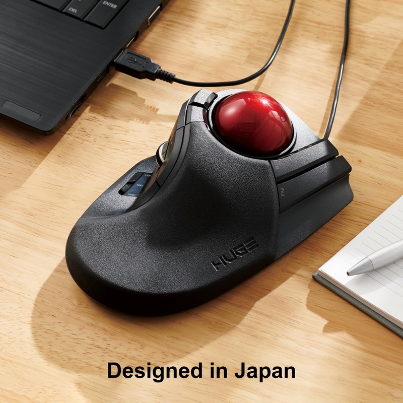 ELECOM HUGE Trackball Mouse, Wired, Finger-Operated, 8-Button Function, Palm Rest