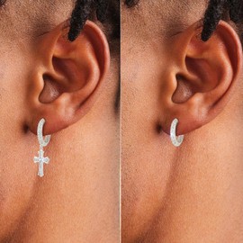 KRKC Cross Dangle Earrings - Sterling Silver Hoop, 14K Gold Plated, Hypoallergenic, 15mm Cross Dangle Drop Round Earrings For Men & Women