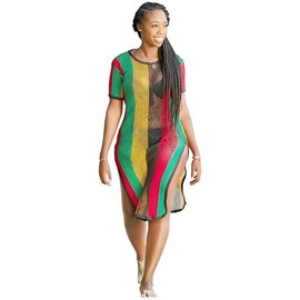 Clossy London Rasta Crochet Midi Dress for Women | Multicolour Mesh Fishnet Beach Cover Up | Side Slit Reggae Dress | 100% Egyptian Cotton Boho Summer Dress (S-M)