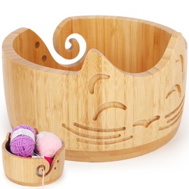 Coopay Cat Yarn Bowl for Wool, 18 x 10 cm Bamboo Yarn Bowl, Lightweight Large Wool Bowl for Knitting, Large Handmade Wool Bowl for Crochet, Portable Knitting Bowl for Knitting and Crochet Project