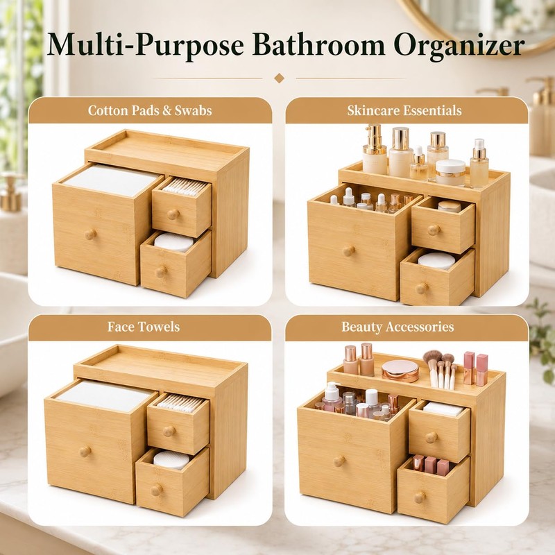 Bamboo Face Towel Holder with 3 Drawers