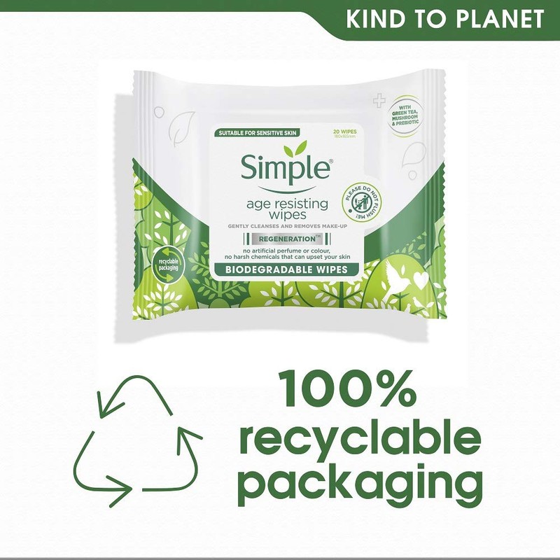 Simple Regeneration Age Resisting Biodegradable Facial Wipes remove make-up and