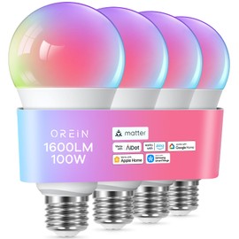 OREiN Matter Smart Light Bulb, 1600 Lumens 100W Equivalent Smart Light Bulbs, Color Changing Light Bulbs Work with Apple Home, Alexa, Google Home, SmartThings, A21 Smart Bulbs 2.4Ghz WiFi, 4Pack