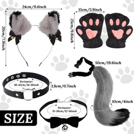 Pack of 5 Black Cat Costume Set, Plush Faux Fur Fox Wolf Tail Kit with Headband, Cat Ears, Collar, Plush Gloves, Tail for Women, Carnival, Cosplay, Fancy Dress Party