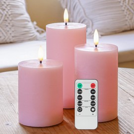 AFINETH Pink Flameless Pillar Candles, Real Wax Battery Operated Candles with Remote, Flat Top Flickering Flameless Candles, LED Candles for Home Party Wedding Romantic Night Decor, Set of 3