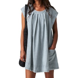 Bankeng Womens Denim Dress Summer Casual Cap Sleeve Denim Mini Dress Loose Fit Crew Neck Jean Dresses with Pockets(LightBlue,S)