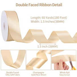 Double Faced Champagne Gold Ribbon, 60 Yards 1 1/2 inch Gold Satin Ribbon Fabric Ribbon for Gift Wrapping Crafts Flower Bouquet Fall Decor Hair Bows Party Christmas Decorations