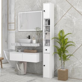 kleankin 71" Tall Bathroom Storage Cabinet, Narrow Toilet Paper Cabinet with Open Shelves, 2 Door Cabinets, Adjustable Shelves for Kitchen, Hallway, Living Room, White