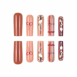 MISUD Fall Press on Nails Long Square Fake Nails Glossy Glue on Nails Red Brown Acrylic Nail Supplies Squoval Artificial Nail Art Plaid Bow Stick on False Nails with Rhinestone Design DIY 24 pcs