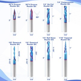 HQMaster 8 Pcs CNC Router Bits Set 1/4” Shank Tungsten Carbide Multiple Uses Router Bit End Mill for Woodworking Detail Carving Trimming V Groove Engraving Sign Making Grooving Slots and Mortises