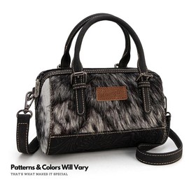 Wrangler Genuine Leather Hair-On Cowhide Barrel Bag Crossbody Purse - Color: Brown,Cowhide-coffee