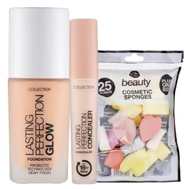 Deluxio Gifts Makeup Essentials-Paket mit Collection Cosmetics Lasting Perfection Concealer Fair 5 ml und Glow Foundation 27 ml Fair mit 25 Kosmetikschwämmen