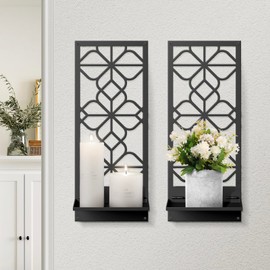 Black Metal Wall Art Decor, Minimalist Retro Line Wall Candle Holder Set of 2, for Living Room, Dining Room, Bedroom, Bathroom (16.5 x 7 in)