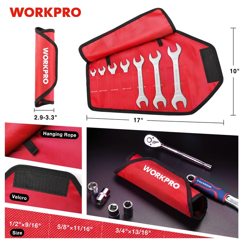 WORKPRO SAE Super-Thin Open End Wrench Roll-up Set, 7PCS, 1/4"
