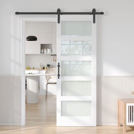 Fredbeck 30in x 84in White Glass Barn Door with 5.5FT 66inch Sliding Door Hardware Kit Included & Handle,PVC Surface,Need to Assembly,Water-Proof，Fit 26in-28in Opening