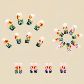 Flowers Press on Nails Medium Square Shaped False Nails with Colorful Flower Design Spring Floarl Acrylic Nails Glitter Fake Nails Fully Cover Sparkly Stick on Nails for Women DIY Manicure 24 Pcs