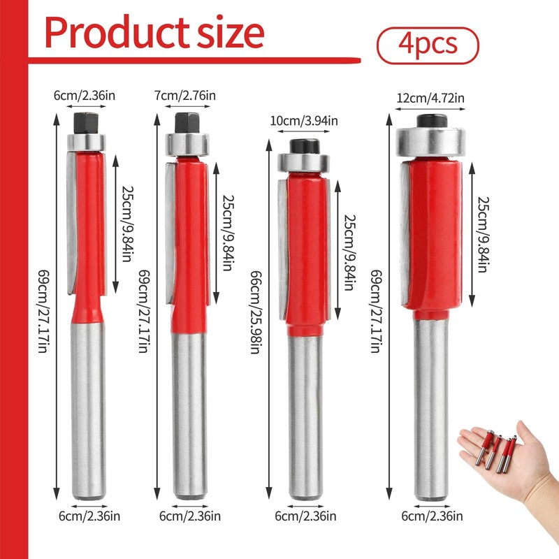 4Pcs 1/4 Inch Shank Router Bits Top Bearing Flush Trim