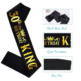 HUBEISIYU 30th Birthday King Sash, Bday Gifts idea for Men or Boys, Funny Birthday Sash for 30th Birthday Party Suppiles, Black + Gold(30th Birthday King)