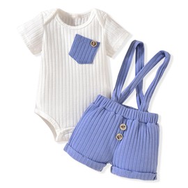 Unutiylo Baby Boy Outfits Blue 0-3 Months Short Sleeve Romper Suspenders Pant Spring Summer clothes