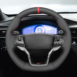 MEWANT Steering Wheel Cover for Ford Explorer ST 2020-2023 Hand-Stitched Black Leather Car Steering Wrap for Ford Explorer ST
