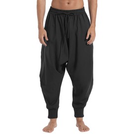 AITFINEISM Mens Elastic Waist Aladdin Harem Pants Loose Drop Crotch Trousers (XX-Large, Black)