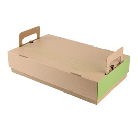 Restaurantware Cater Tek 19.68 x 11.85 x 4.25 Inch Catering Trays 10 Greaseproof Catering Food Containers - Cover Included Cut-Out Handles Kraft And Green Paper Disposable Charcuterie Boards