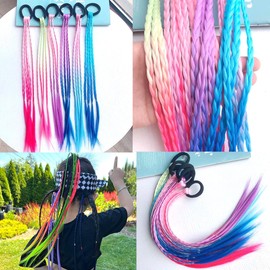 Colored Braids Hair Extensions with Rubber Bands Rainbow Braided Synthetic Hairpieces Ponytail Hair Accessories for Women Kids Girls Party Highlights Cosplay Dress Up (12PCS C Style)