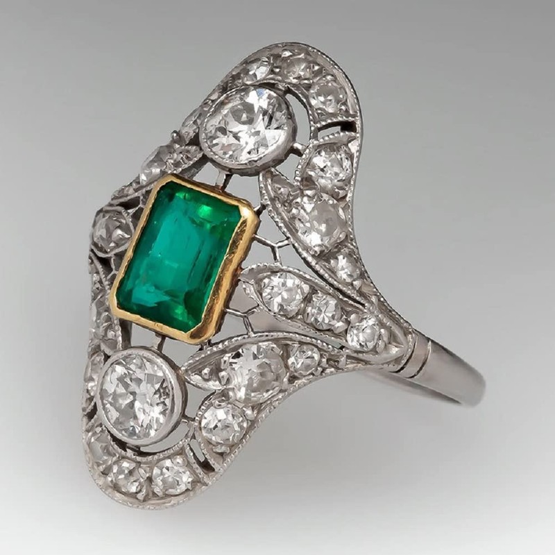 Xiaomei 10k Yellow Gold Vintage Style Genuine Emerald and Diamond