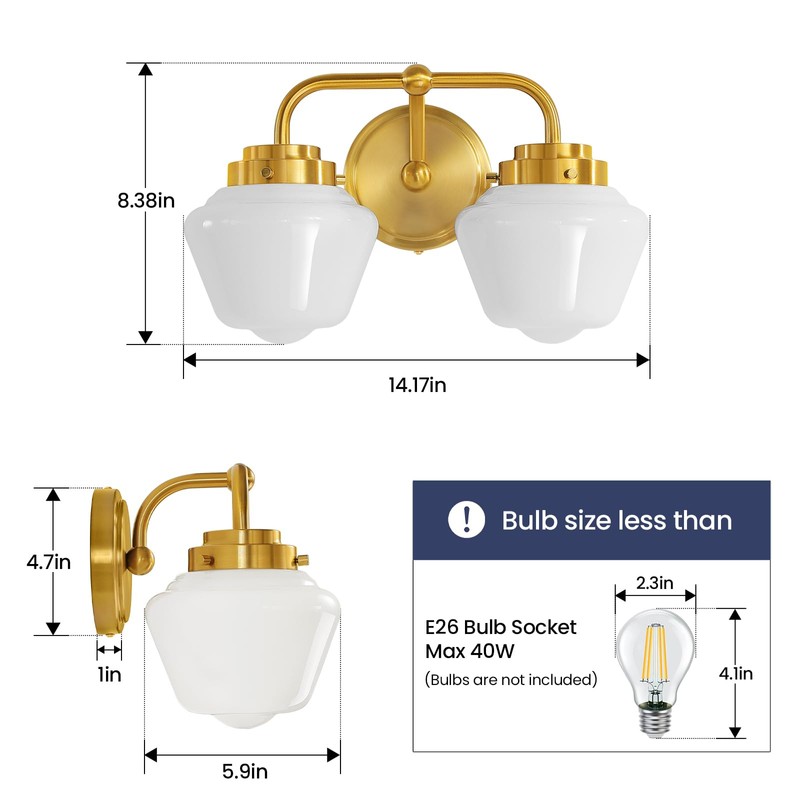 RUIYEY Bathroom Vanity Light Fixtures: 2-Lights Gold Bathroom Lighting Fixtures
