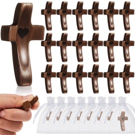 Threehoney Cross My Heart, Encouragement Gift Small Wooden Handheld Pocket Cross with Mesh Bag Fingertip Stress Relief Religious Gifts for Christians Prayer Church Gift(40 Sets)
