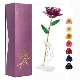Ejoyous - Rosa morada con soporte, tallo largo, para siempre, flor de rosa para ella y esposa, madre novia en el día de San Valentín, cumpleaños, Navidad, aniversario, día de la madre