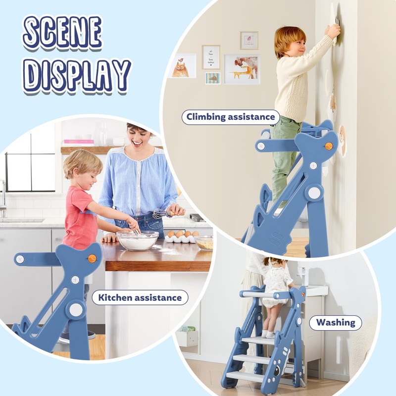 Foldable Toddler Tower, Toddler Kitchen Step Stool Helper, Height-Adjustable Foldable