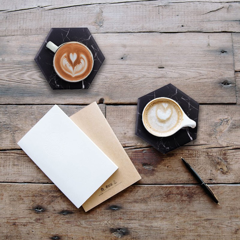 Warmroom Absorbent Hexagon Black Marble Coasters for Drink with Gold
