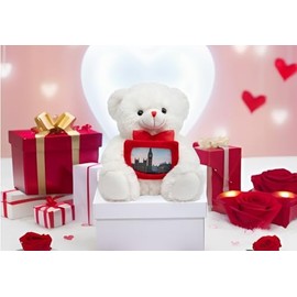 HollyHOME Teddy Bear Stuffed Animal Plush Bear with Red Bow Holding a Picture Frame Soft Plush Toy Holiday Toy Gift 12 Inches White