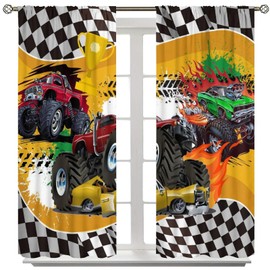 AAVEUP Monster Truck Curtains for Kids,Cartoon Fleet Racing Car Stadium Game Cool Flame Flag Racing Window Drapes Print for Nursery Boys Bedroom Living Room 42x45in（No Blackout）
