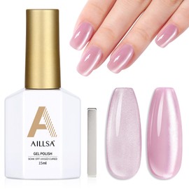 AILLSA Pink Cat Eye Gel Nail Polish Jelly Glitter Crystal Gel Polish with Magnet, Shimmer Glass Pearl Gel Nail Polish Sparkle Reflective Translucent Color U V Gel Salon DIY at Home 0.5 OZ GF27