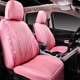 CAR PASS Bling Pink Nappa Leather Car Seat Covers for Front Seats, Waterproof Heavy-Duty Anti-Slip, Universal Fit for 95% Auto SUV Sedan Truck, Glitter Sparkly Shining Rhinestone, Pink Leather Diamond