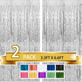 2 Pack Silver Metallic Tinsel Foil Fringe Curtains Party Photo Backdrop Party Streamers for Birthday,Graduation,New Year Eve Decorations Wedding Decor