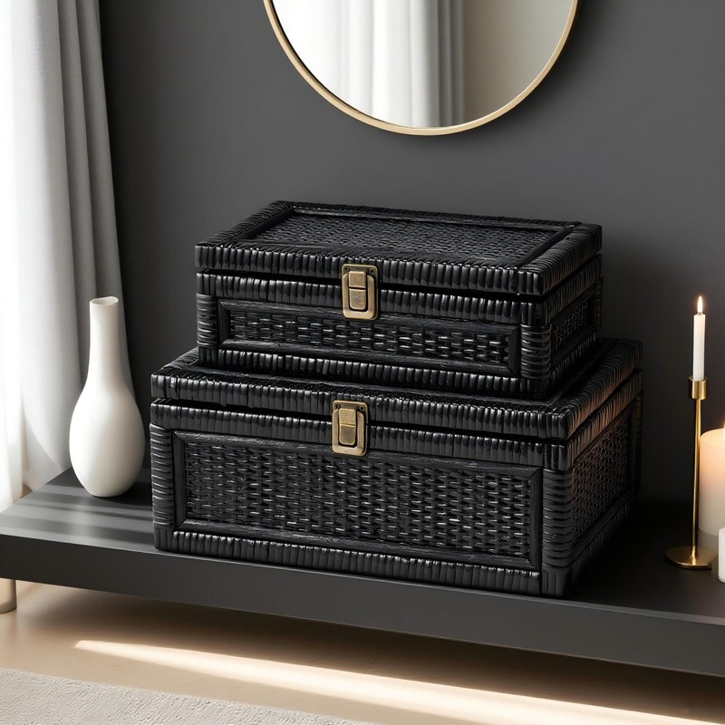 2PCS Rattan Boxes with Lid Decorative Natural Handmade Boho Baskets