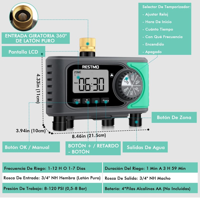 RESTMO 4-Zone Sprinkler Timer, Brass Inlet Programmable Water Timer for