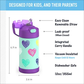 THERMOS FUNTAINER Water Bottle with Straw - 12 Ounce - Kids Stainless Steel Vacuum Insulated Water Bottle with Lid, Hearts