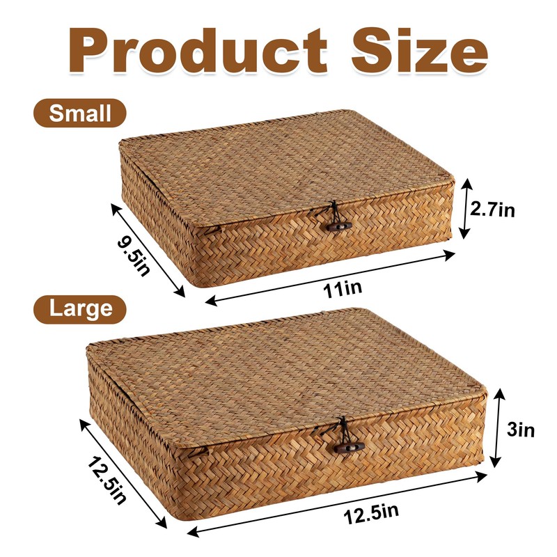 2 Pcs Lidded Seagrass Baskets, Boho Rattan Closet & Makeup